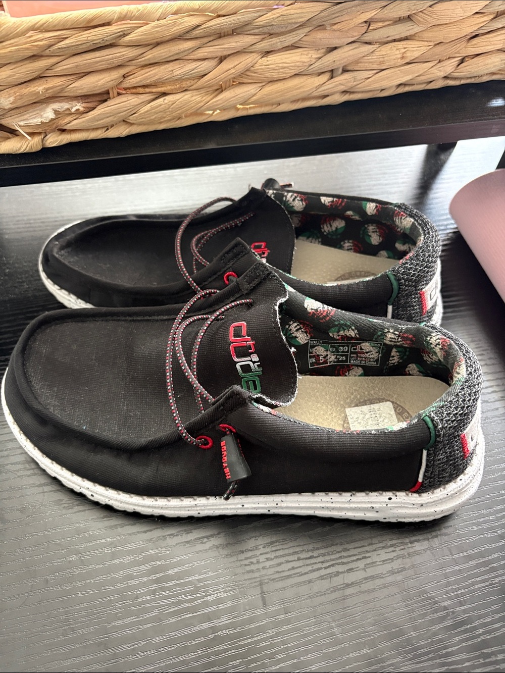 Hey Dude Black Canvas Slip-On Shoes with Patterned Lining